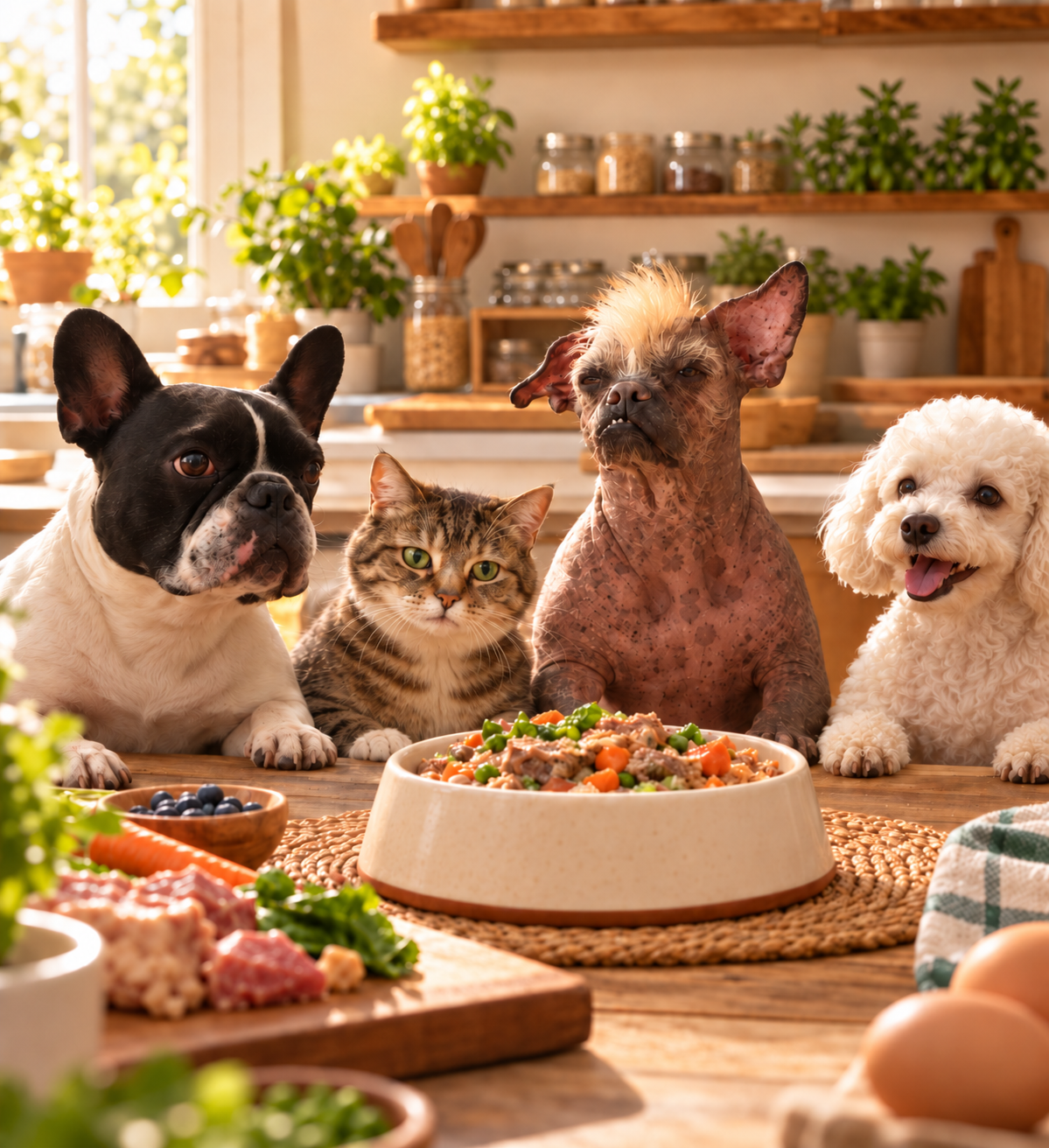 Perros y un gato alrededor de su plato de comida